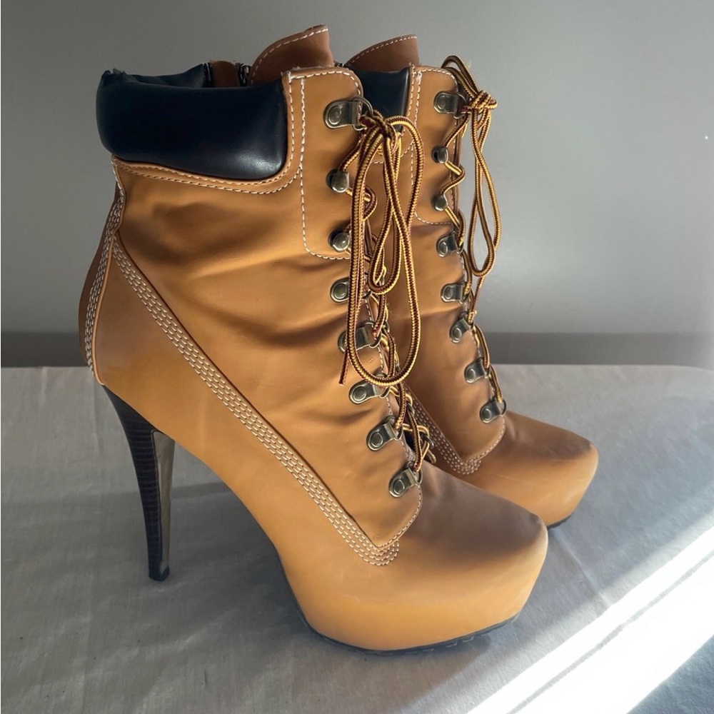 Zigi Soho Tan and Black Lace-Up Stiletto Ankle Boots
